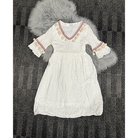 Anany Cream Boho Viscose/Linen Dress With Colored Stitching Embelishment‎ Size M - Picture 1 of 2